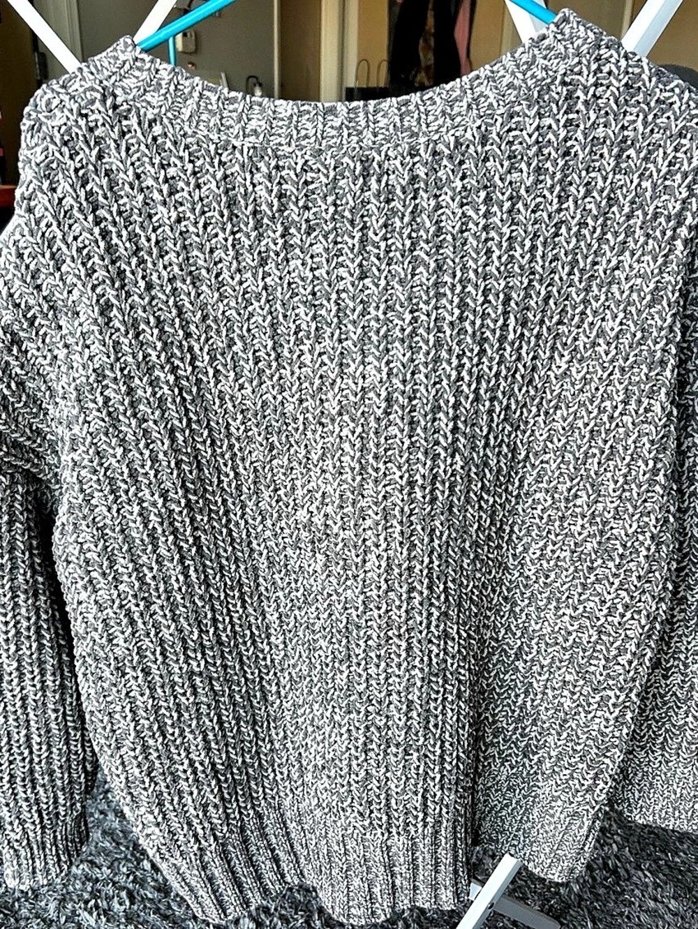 Gray & White Knit Crewneck Sweater American Eagle